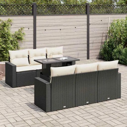 Conjunto de Sofás p/ Jardim c/ Almofadões Vime PE Preto (7 pcs)