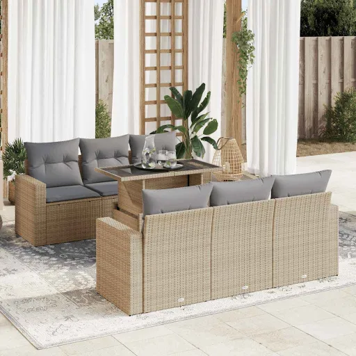 Conjunto de Sofás p/ Jardim com Almofadões Vime PE Bege (7 pcs)