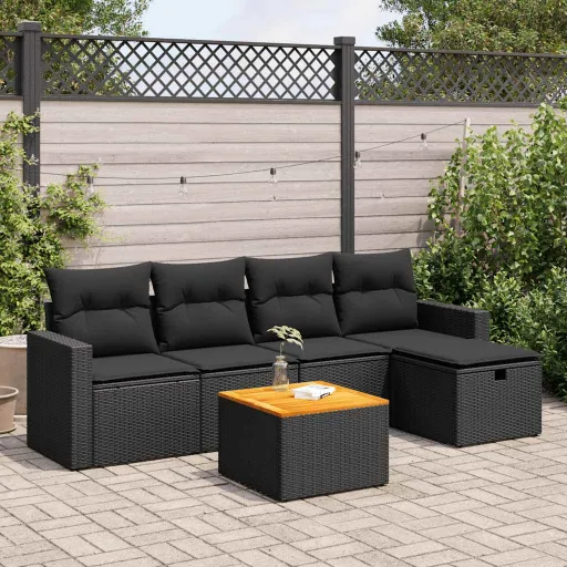 Conjunto Sofás de Jardim c/ Almofadões Vime PE Preto (6 pcs)