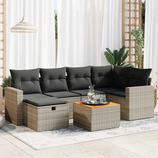 Conjunto Sofás p/ Jardim c/ Almofadões Vime PE Cinzento (7 pcs)