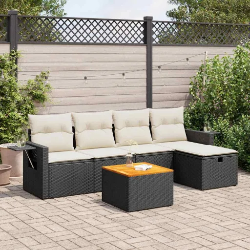Conjunto Sofás de Jardim c/ Almofadões Vime PE Preto (6 pcs)