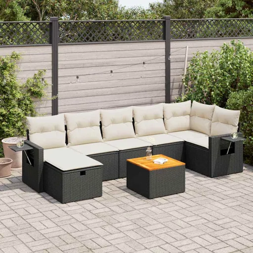 Conjunto Sofás de Jardim com Almofadões Vime PE Preto (8 pcs)