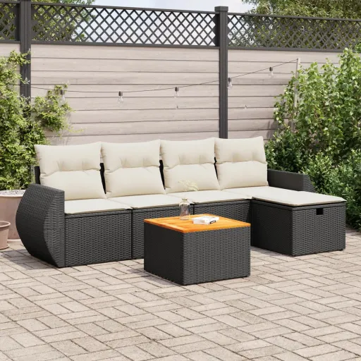 Conjunto Sofás de Jardim c/ Almofadões Vime PE Preto (6 pcs)