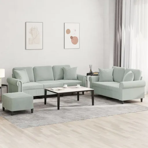 Conjunto de Sofás com Almofadas Veludo Cinzento-Claro (3 pcs)