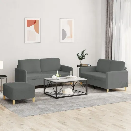 Conjunto de Sofás com Almofadões Tecido Cinzento-Escuro (3 pcs)