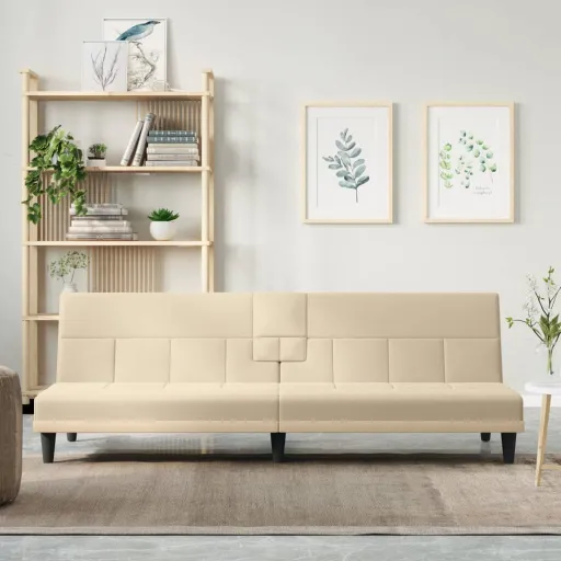 Sofá-Cama com Suportes para Copos Tecido Cor Creme