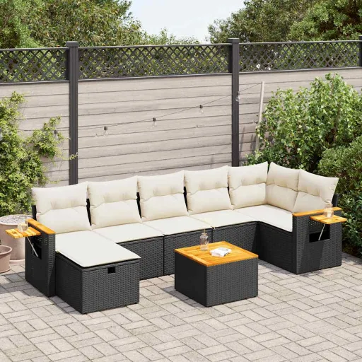 Conjunto Sofás de Jardim com Almofadões Vime PE Preto (8 pcs)