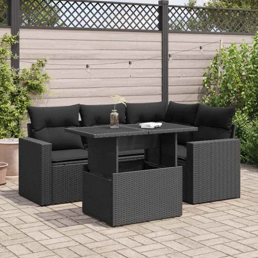 Conjunto Sofás de Jardim com Almofadões Vime PE Preto (5 pcs)