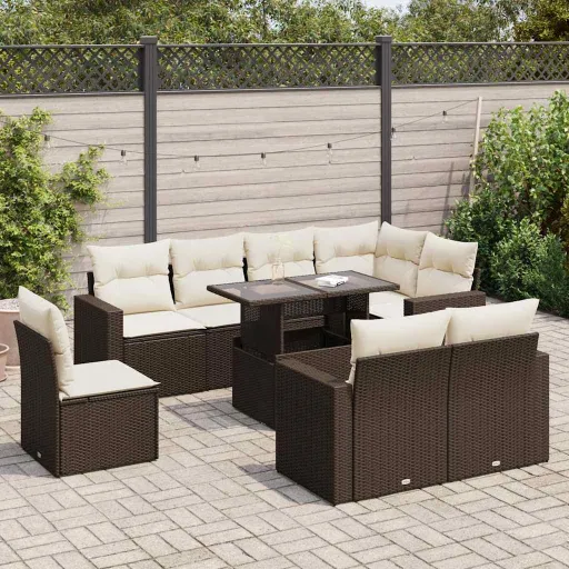 Conjunto Sofás p/ Jardim c/ Almofadões Vime PE Castanho (9 pcs)