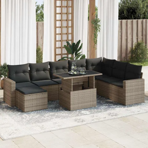 Conjunto Sofás p/ Jardim com Almofadões Vime PE Cinzento (9 pcs)