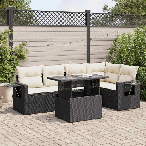 Conjunto Sofás de Jardim c/ Almofadões Vime PE Preto (6 pcs)
