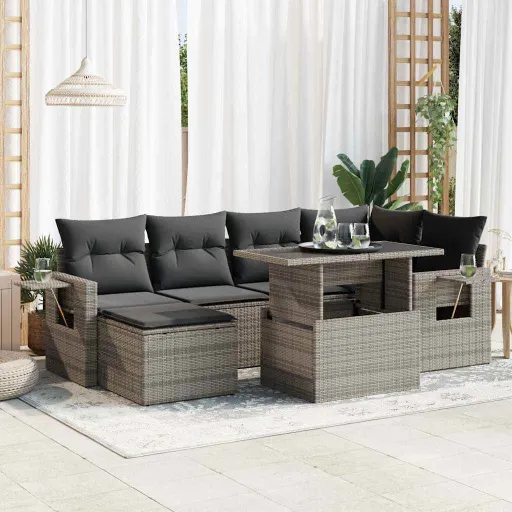 Conjunto Sofás p/ Jardim c/ Almofadões Vime PE Cinzento (7 pcs)