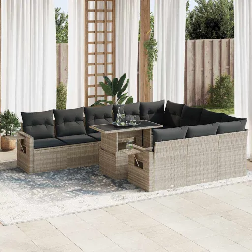 Conjunto Sofás de Jardim c/ Almofadões Vime PE Cinzento (11 pcs)