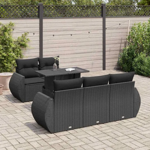 Conjunto Sofás de Jardim c/ Almofadões Vime PE Preto (6 pcs)