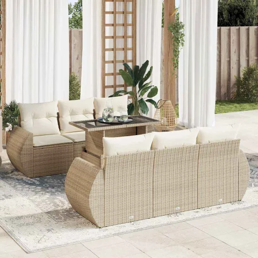Conjunto de Sofás p/ Jardim com Almofadões Vime PE Bege (7 pcs)