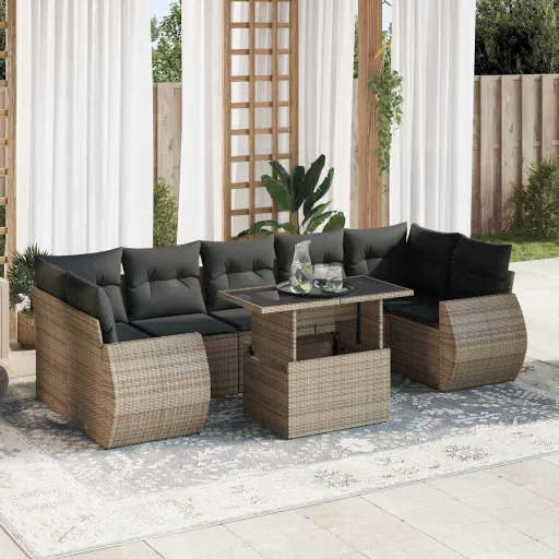 Conjunto Sofás de Jardim c/ Almofadões Vime PE Cinzento (8 pcs)