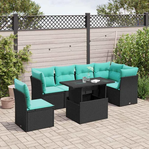 Conjunto Sofás de Jardim c/ Almofadões Vime PE Preto (6 pcs)