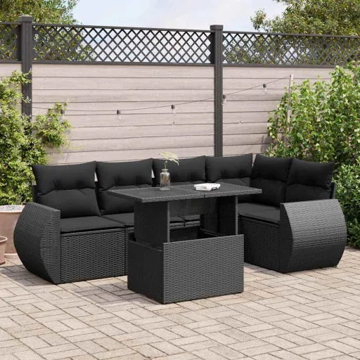 Conjunto Sofás de Jardim c/ Almofadões Vime PE Preto (6 pcs)