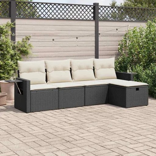 Conjunto Sofás de Jardim com Almofadões Vime PE Preto (5 pcs)