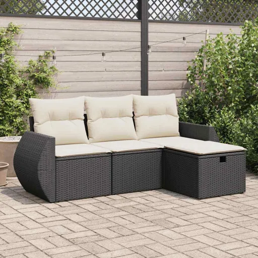 Conjunto de Sofás para Jardim c/ Almofadões Vime PE Preto (4 pcs)