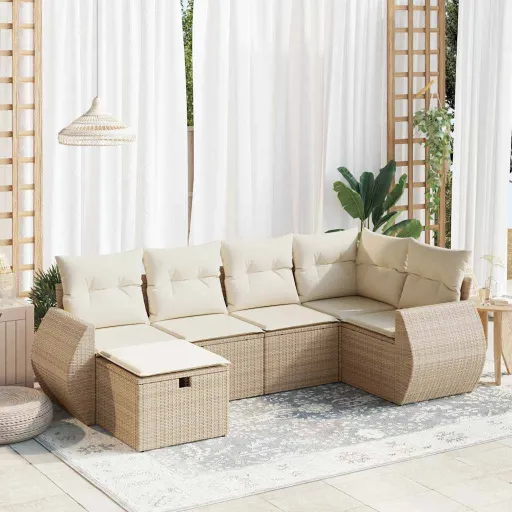 Conjunto de Sofás p/ Jardim com Almofadões Vime PE Bege (6 pcs)