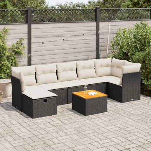Conjunto Sofás de Jardim com Almofadões Vime PE Preto (8 pcs)
