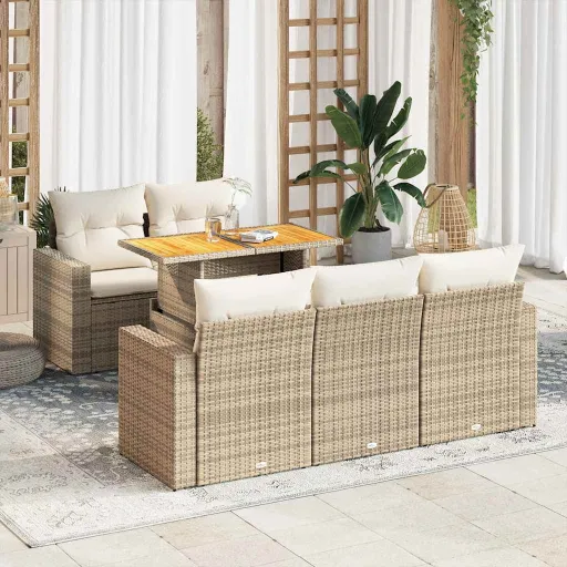 Conjunto de Sofás p/ Jardim com Almofadões Vime PE Bege (6 pcs)