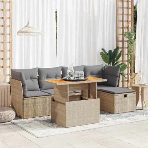 Conjunto Sofás Jardim com Almofadões Vime PE/Acácia Bege (6 pcs)