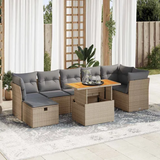 Conjunto Sofás Jardim com Almofadões Vime PE/Acácia Bege (8 pcs)