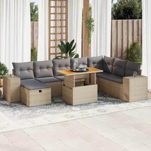Conjunto Sofás Jardim com Almofadões Vime PE/Acácia Bege (9 pcs)