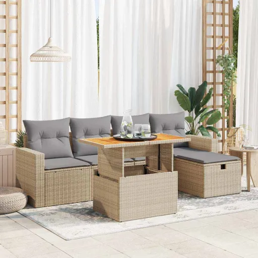 Conjunto Sofás Jardim com Almofadões Vime PE/Acácia Bege (6 pcs)