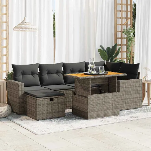 Conjunto Sofás Jardim Almofadões Vime PE/Acácia Cinzento (8 pcs)