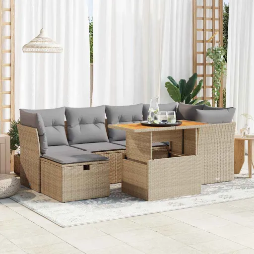 Conjunto Sofás Jardim com Almofadões Vime PE/Acácia Bege (7 pcs)