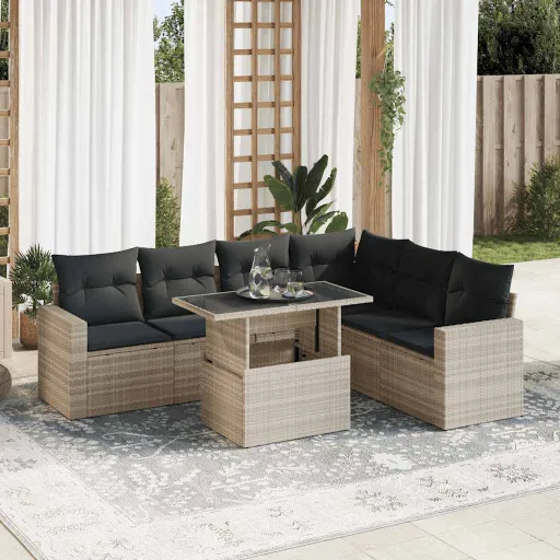 Conj. Sofás Jardim com Almofadões Vime PE Cinzento-Claro (7 pcs)