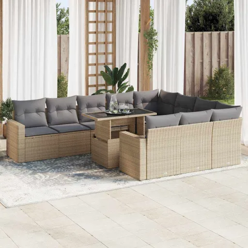 Conjunto Sofás de Jardim c/ Almofadões Vime PE Bege (11 pcs)