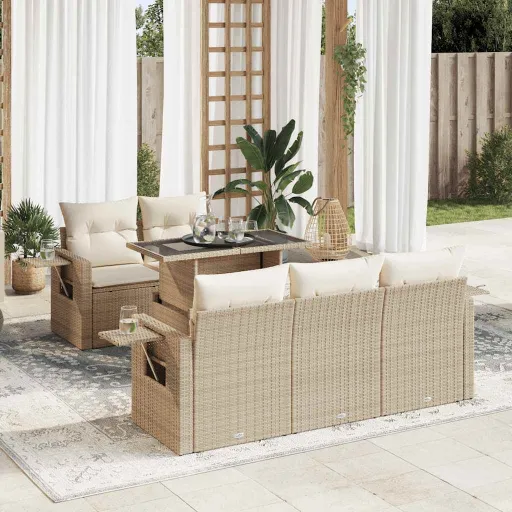 Conjunto de Sofás p/ Jardim com Almofadões Vime PE Bege (6 pcs)