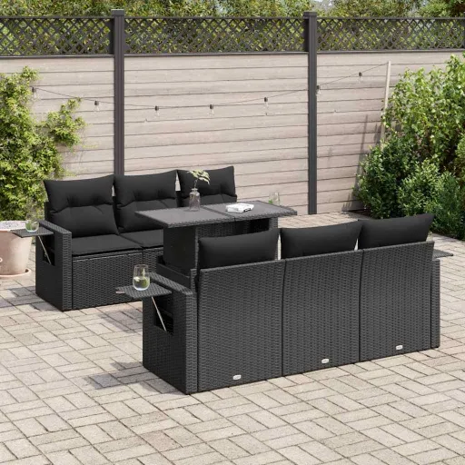 Conjunto de Sofás p/ Jardim c/ Almofadões Vime PE Preto (7 pcs)
