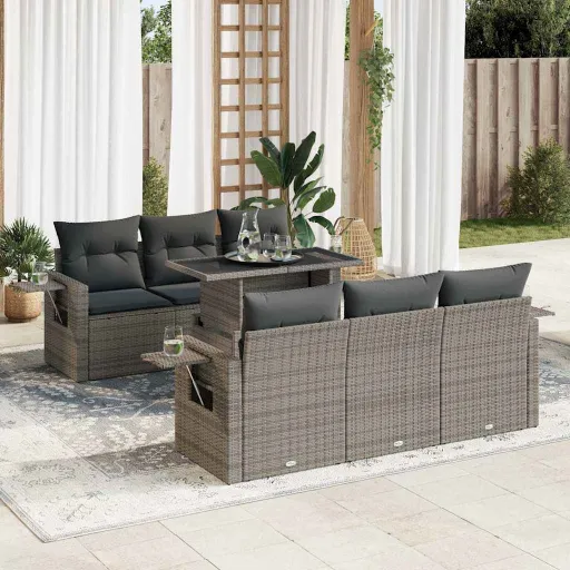 Conjunto Sofás p/ Jardim c/ Almofadões Vime PE Cinzento (7 pcs)