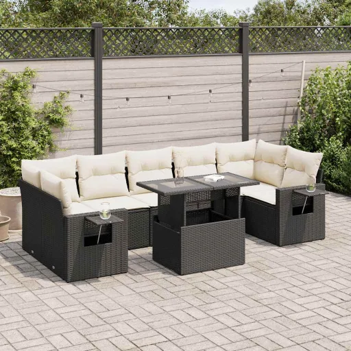 Conjunto Sofás de Jardim com Almofadões Vime PE Preto (8 pcs)