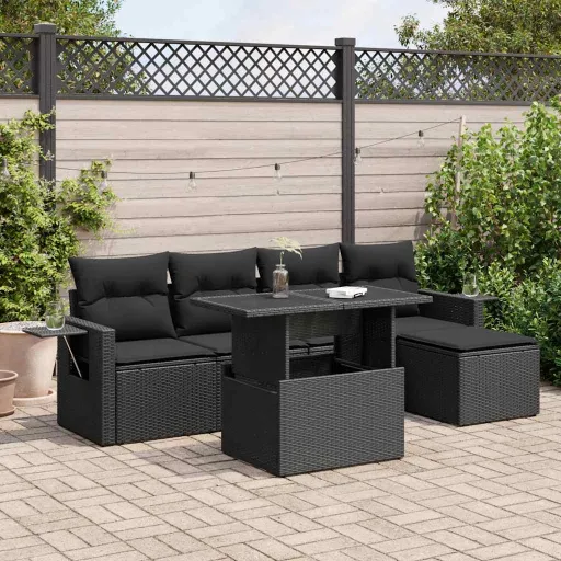 Conjunto Sofás de Jardim c/ Almofadões Vime PE Preto (6 pcs)