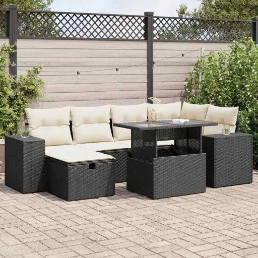 Conjunto Sofás de Jardim com Almofadões Vime PE Preto (8 pcs)