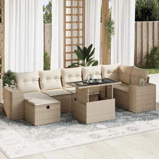 Conjunto de Sofás p/ Jardim com Almofadões Vime PE Bege (5 pcs)