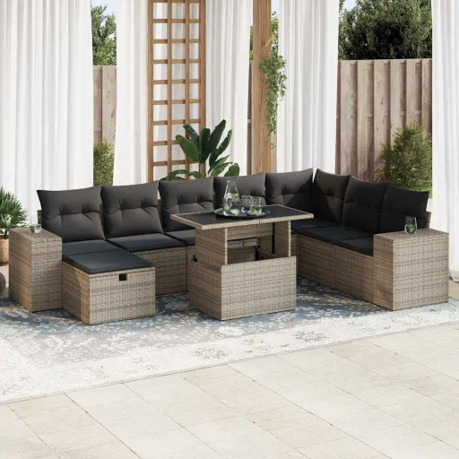 Conjunto Sofás p/ Jardim com Almofadões Vime PE Cinzento (9 pcs)