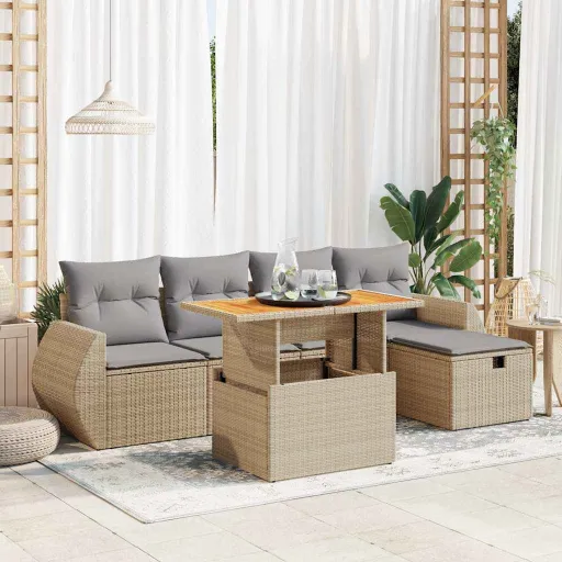 Conjunto Sofás Jardim com Almofadões Vime PE/Acácia Bege (6 pcs)