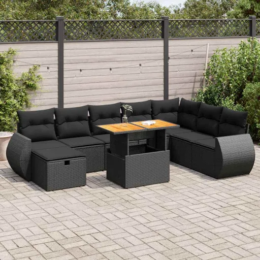 Conjunto Sofás p/ Jardim Almofadões Vime PE/Acácia Preto (9 pcs)