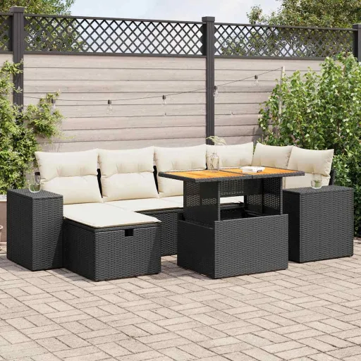 Conjunto Sofás Jardim com Almofadões Vime PE/Acácia Preto (8 pcs)