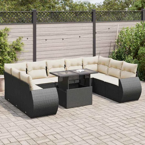 Conjunto Sofás de Jardim c/ Almofadões Vime PE Preto (10 pcs)