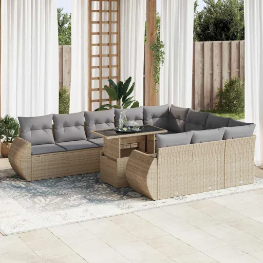 Conjunto Sofás de Jardim c/ Almofadões Vime PE Bege (11 pcs)
