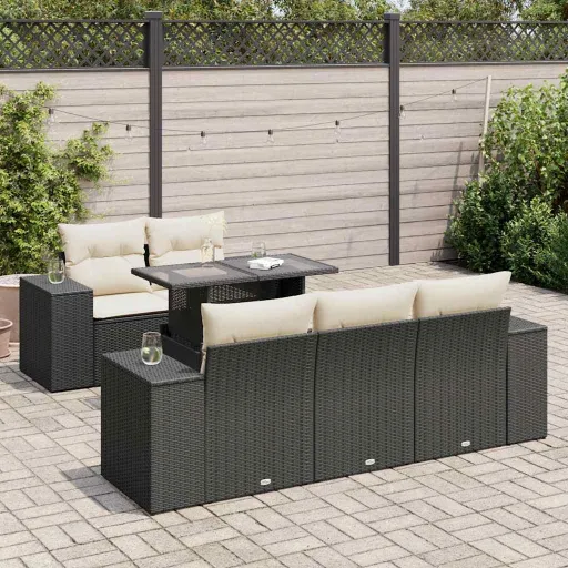 Conjunto Sofás de Jardim c/ Almofadões Vime PE Preto (6 pcs)