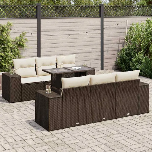 Conjunto de Sofás Jardim c/ Almofadões Vime PE Castanho (7 pcs)